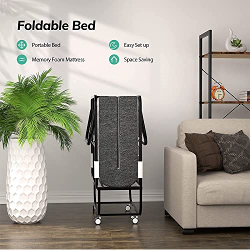 Foxemart Folding Bed with Mattress 75 x 38“ Rollaway Bed Extra Guest Bed with 5 Inch Comfortable Memory Foam Mattress and Super Sturdy Bed Frame with Wheel, Easy to Assemble, Twin Size
