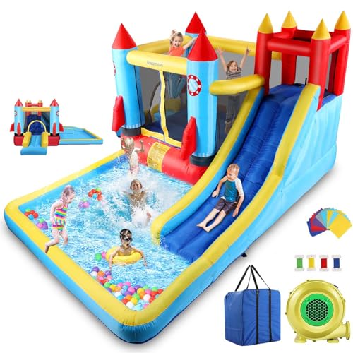 AKEYDIY Bounce House,Inflatable Bounce Castle with Blower for Kids 3-10,Outdoor/Indoor Bouncy House Water Park for Backyard with 2 Splash Slides,Climbing Wall,Ball Pit,Jumping Area (146" x 132" x 81")