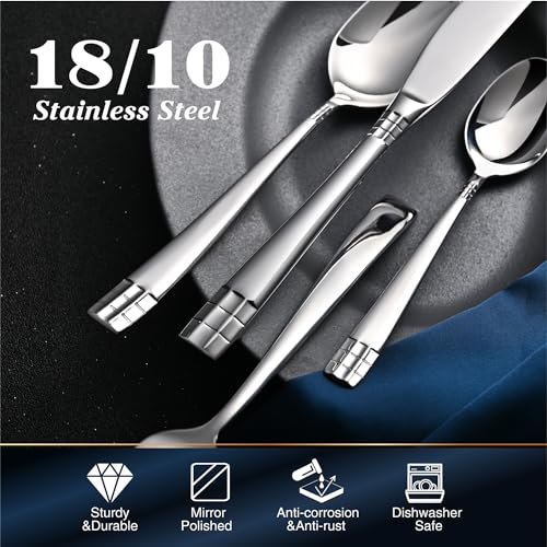 KINGSTONE Flatware Set, 20 Piece Silverware Set for 4, 18/10 Stainless Steel Cutlery Utensils Sets with European Design, Pure Hand Mirror Polished, Dishwasher Safe