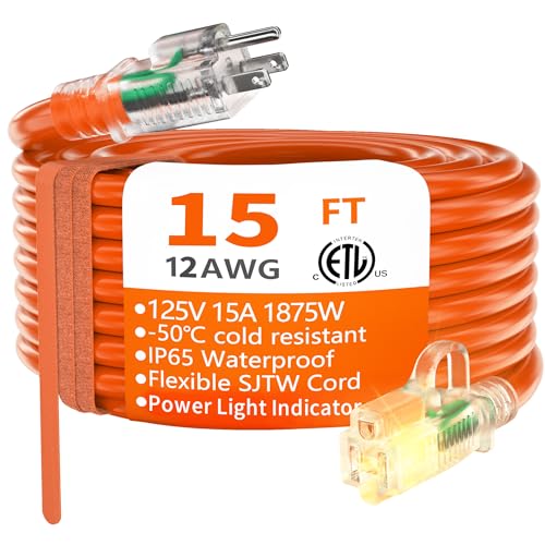 HUANCHAIN 2 Pack 3 ft 12/3 Gauge Heavy Duty Outdoor Extension Cord Waterproof with Lighted, Flexible Cold Weather 3 Prong Electric Cord Outside, 15A 1875W 125V 12AWG, Yellow, ETL Listed