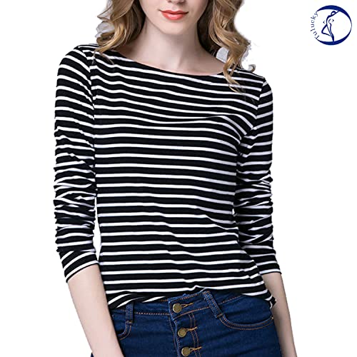 Tulucky Women's Casual Long Sleeve Shirts Stripe Tees Round Neck Tank Tops (S, Black)