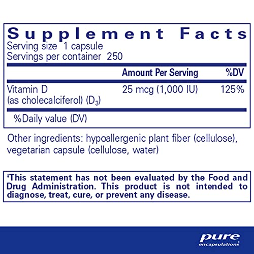 Pure Encapsulations Vitamin D3 25 mcg (1,000 IU) - Supplement to Support Bone, Joint, Breast, Heart, Colon & Immune Health - with Premium Vitamin D - 250 Capsules