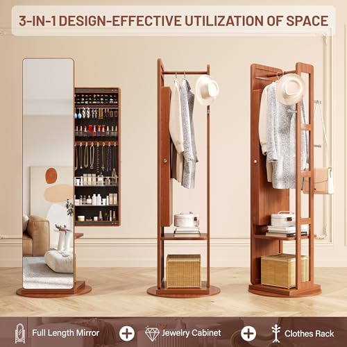LVSOMT 360° Swivel Jewelry Armoire, Rotatable Full Length Mirror with Jewelry Storage, Standing Jewelry Cabinet with Coat Rack, White, Soild Wood