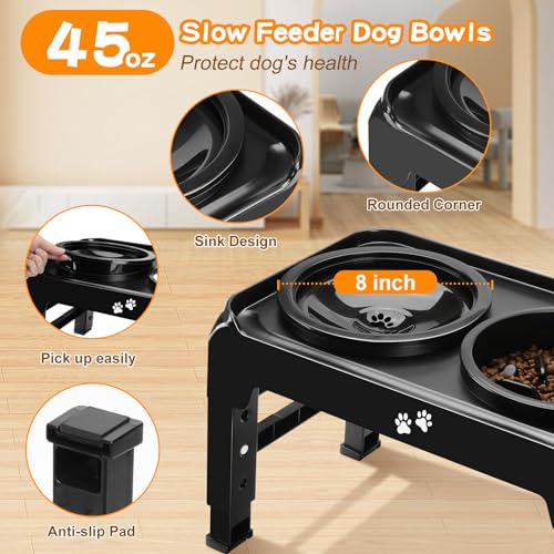Elevated Dog Bowls 2-in-1 Slow Feeder Dog Food Bowls for Small Medium Dogs 3 Height Adjustable Raised Dog Bowl Stand Non-Slip Dog Feeder Adjusts to 2.75", 6", 7.5", Black