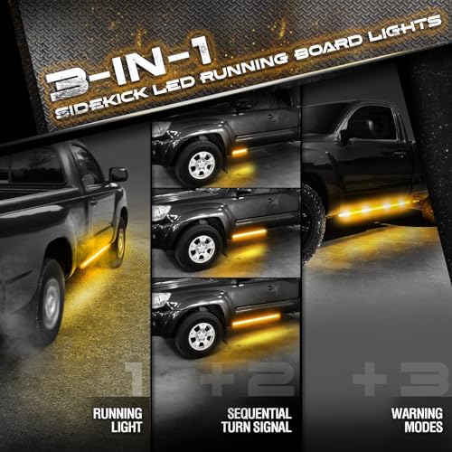 OPT7 Sidekick 48" Aluminum LED Running Board Lights, 2PCS Weatherproof Rigid Strobe Light Bars w/Sequential Amber Turn Signal & Amber White Flashing Warning Emergency Light for Regular Cab Truck