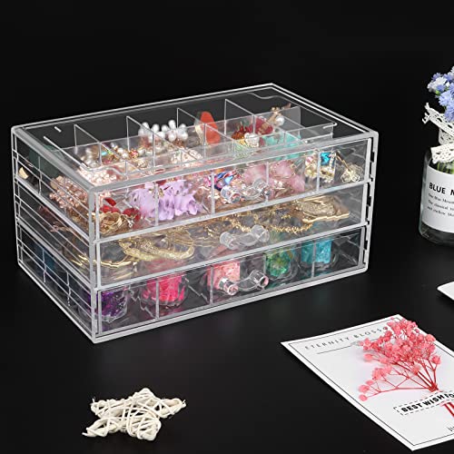 DesignSter Acrylic Jewelry Organizer 3 Drawers Clear Acrylic Jewelry Box for Women Earring Storage Box Transparent Jewelry Display Stand for Crafts Nail-art Trinkets-3 layer