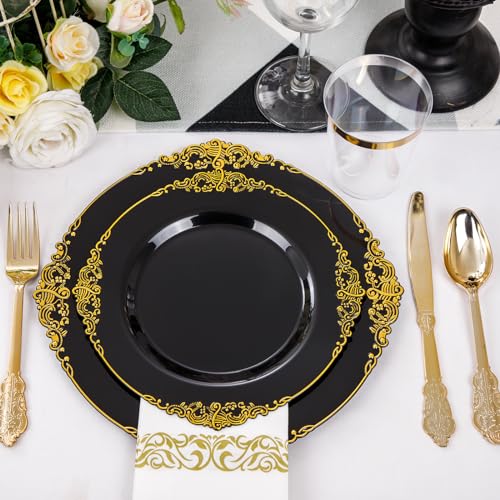 Nervure 350PCS Plastic Plates - Plastic Dinnerware Sets - 100 Disposable Plates, 150 Plastic Silverware, 50 Cups, 50 Napkins