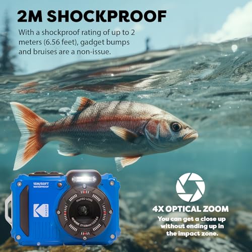 Kodak PIXPRO WPZ2 Rugged Waterproof Shockproof Digital Camera 16MP 4X Optical Zoom 1080P Full HD Video, 2.7 LCD (Blue), 32GB SD Card, Black Compact Camera Case, Floating Strap, Bundle (7 Items)