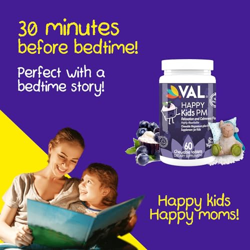 VAL Kids Melatonin Plus Magnesium, B6, Vitamin C, Bedtime Routine Supplement, Sleep Support for Kids 4+, Drug Free, Sugar Free, Natural Blueberry Yogurt Flavor, 60 Chew Tabs