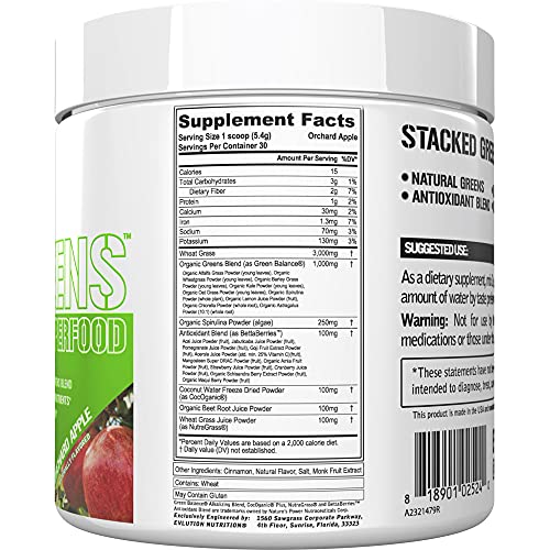 Evlution Nutrition Stacked Greens - Raw Superfood - Made with Natural Greens Blend + Essential Daily Micronutrients - Immunity + Hydration Support - Vegan & GMO-Free - 30 Servings - Orchard Apple