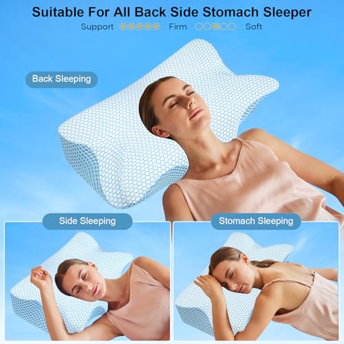 Anvo Cervical Pillow for Neck Pain Relief - Neck Pillows for Pain Relief Sleeping - Memory Foam Pillow for Neck and Shoulder Pain - Ergonomic Pillow for Side Back Stomach Sleeper-Blue Firm Queen