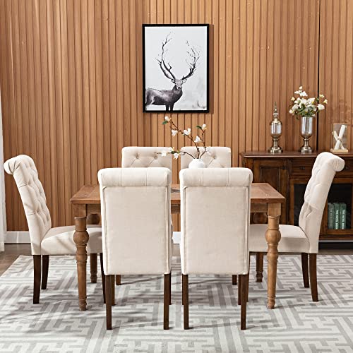 COLAMY Button Tufted Dining Chairs Set of 6, Parsons Upholstered Fabric Dining Room Chairs Kitchen Chairs with Wood Legs and Padded Seat, Light Grey