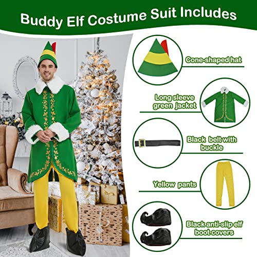 Wabolay Elf Costume Men Buddy Christmas Outfit Adult 5pcs Deluxe Suit Santa Couple Cosplay Holiday Halloween Xmas Party Full Set S