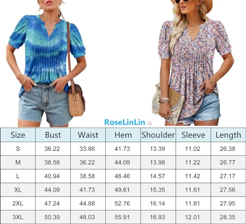 ROSELINLIN Womens Floral Tunic Tops Ladies Summer Dressy Tops Short Sleeve Shirts Rosebud M