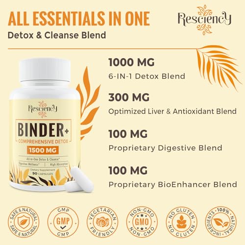 Resciency 6-in-1 Detox Binder Supplement 1500 MG | Max Absorption | Liver Detox Cleanse | Activated Charcoal & Zeolite Clay | Toxin, Liver, Gut, Digestive | 90 Vegetarian Capsules