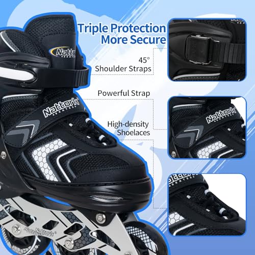 Nattork Inline Skates for Boys Girls with Full Light up Wheels, Adjustable Beginner Roller Skates for Kids Youth Black Age 6-12