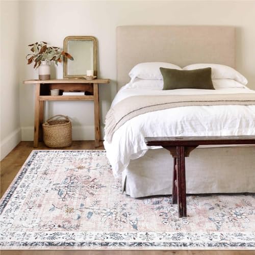 LIVEBOX 5x7 Pink Boho Rugs for Living Room, Soft Nursery Rug Non-Slip Faux Wool Rug for Bedroom Girls, Ultra-Thin Washable Area Rug for Girls Room, Non-Shedding Blush Pink Floral Rug