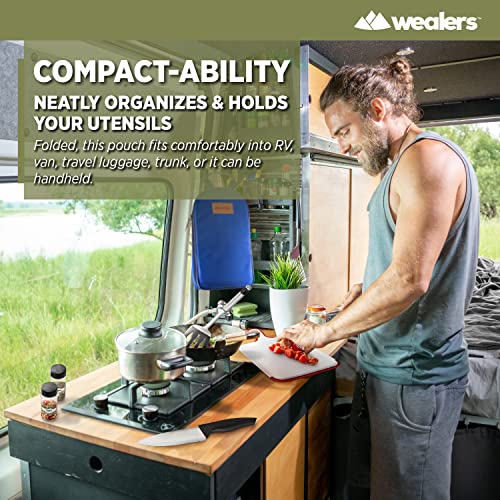 12 Piece Camp Kitchen Cooking Utensil Set Travel Organizer Grill Accessories Portable Compact Gear for Backpacking BBQ Camping Hiking Travel Cookware Kit Water Resistant Case (Blue)