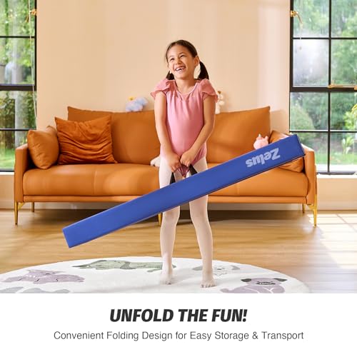 ZELUS 8ft. Folding Gymnastics Balance Beam, Floor Balance Beam w/Carry Handles Anti-Slip Base for Kids, Beginners & Professional Gymnasts (8 ft, Blue)