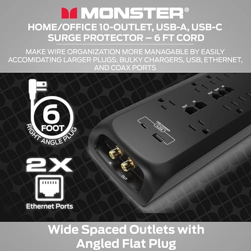 Monster Black Heavy Duty Surge Protector Power Strip 6 ft Cord with 10 120V-Outlet Extension, 2 Ethernet Switch Ports, 4050J Rating, 1 USB-A, and 1 USB-C Charging Ports – Ideal for Computers & Offices