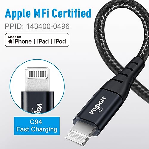 volport USB C to Lightning Cable 3ft [MFi Certified] Black, 1m Braided Fast Charging Data Transfer Cable for Apple iPhone 14 13 12 13 Pro Max X XR XS Plus Mac iPad and AirPods