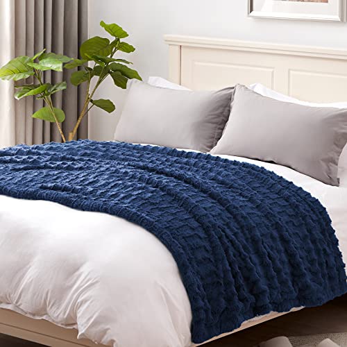 HOMEIDEAS Faux Fur Bed Blanket(Throw, Navy Blue), Decorative Sofa Couch Fur Blanket 50x60 inches, Holiday Lush Home Decoration Gifts