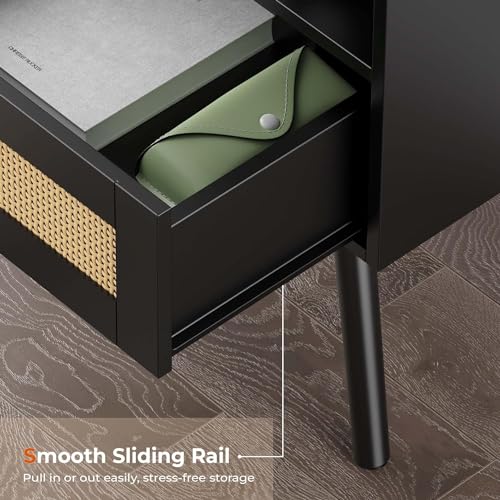 SUPERJARE Nightstand with Charging Station & Rattan-Like Decor Drawer, Rattan End Table with Solid Wood Feet, Bed Side Table with Open Storage, for Bedroom, Living Room, Dormitory - Black - 8021BC