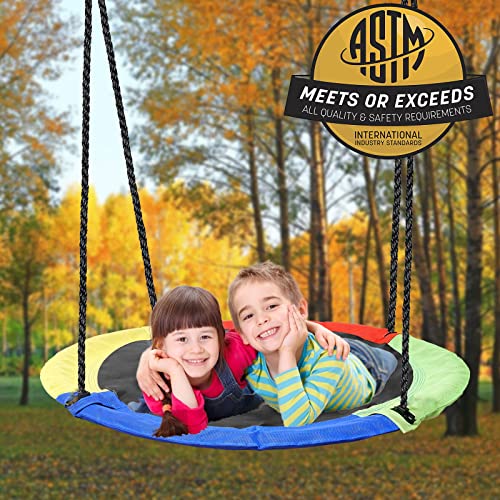 Hishine 50" Saucer Tree Swing for Kids, 360° Rotate Waterproof Flying Saucer Swing with Swivel, Hanging Straps, Adjustable Ropes, Round Mat Spinner Swing for Tree/Swing Set (Strap-Black)