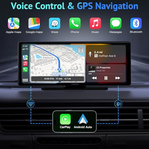 [Upgrade]-Newest Wireless Portable Carplay and Android Auto,Carplay Screen with Mirror Link/AUX/FM,7‘’Touchscreen Bluetooth 5.0, Car Play Screen