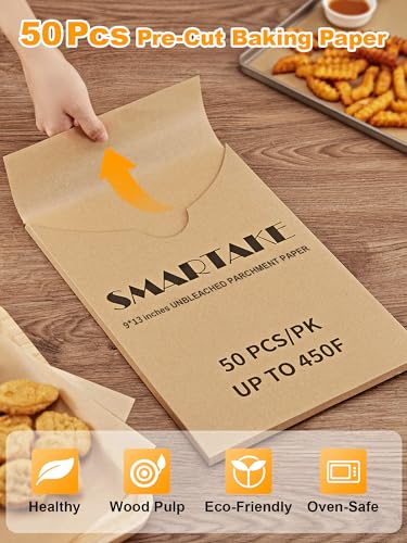 SMARTAKE 50 Pcs Parchment Paper Baking Sheets, 9x13 Inches Non-Stick Precut Baking Parchment, for Baking Grilling Air Fryer Steaming Bread Cup Cake Cookie and More (Unbleached)