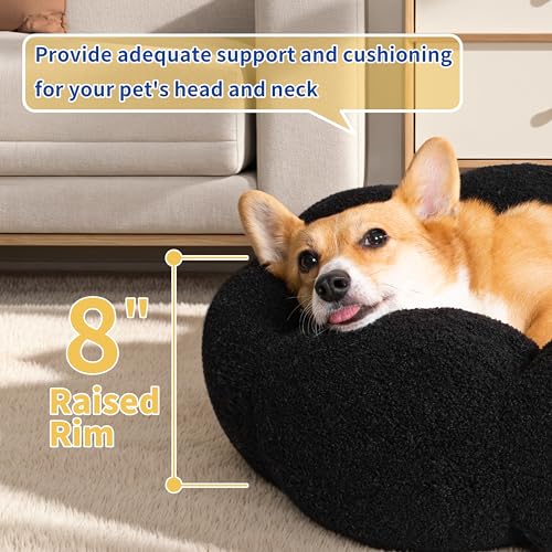 WESTERN HOME WH Calming Cat Beds for Indoor Cats-Fluffy Flower Cat&Dog Bed in Plush Teddy Sherpa, Round Donut Cuddler Puppy Bed, Non-Slip Machine Washable Pet Bed Fits up to 15 lbs, Black 20"