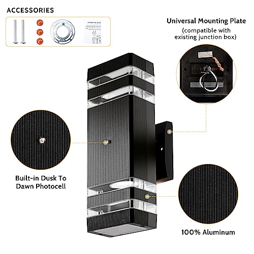 HIHUOS Dusk to Dawn Outdoor Wall Lights - Modern Exterior Lights for House - Up Down Sconce Wall Light Fixture - Waterproof Aluminum Porch Lights Outside Wall Mount for Garage (2 Pack)