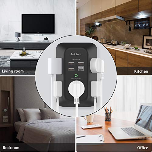 2 Pack Addtam USB Wall Charger Surge Protector, 5 Outlet Extender with 4 USB Charging Ports (1 USB C Outlet) 3 Sided 1800J Power Strip Multi Plug Outlets, Wall Adapter Spaced for Home Office, Black