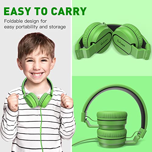 rockpapa 950 Wired Headphones for Kids Girls Boys for School Classroom with Microphone, On-Ear Foldable Corded Headphones with Jack 3.5mm for Laptop Computer Tablet Chromebooks Black Green