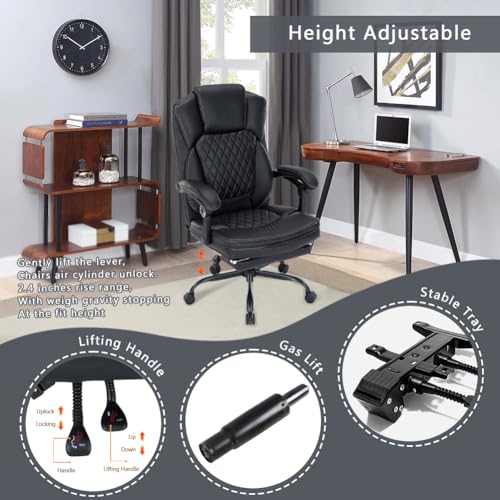 Ergonomic Office Chair with Footrest, Executive Chair PU Leather Computer Chair, Reclining Desk Chair with Leg Rest, Coil Spring Thick Cushion, Big and Tall Chair 400 lbs Capacity | Black