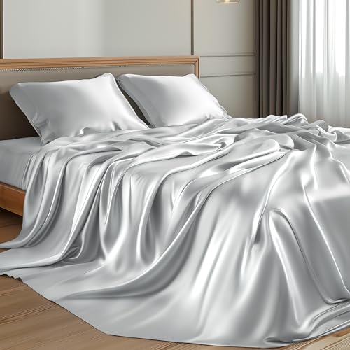 Bedsure Satin Sheets - Soft Satin Bed Sheets Queen Set, 4 Pcs Luxury Silky Sheets, Similar to Silk Sheets, Sage Green Satin Sheets Queen Size for Hair and Skin, Gifts for Women