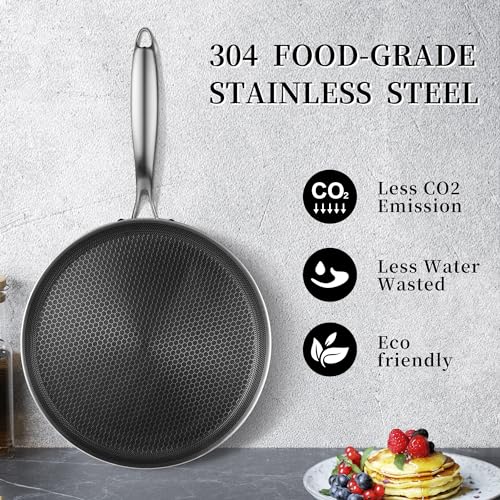 Innerwell Nonstick Crepe Pan 10 inch Stainless Steel Crepe Pan Honeycomb Coating Flat Skillet Tawa Dosa Tortilla Pan,Omelet Pan with All Stove Tops Available, Induction Compatible