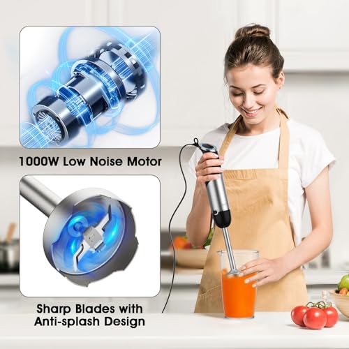 KOIOS Upgraded Immersion Blender Handheld, 1000W 12-Speed 5 in 1 Hand Mixer Stick Blender with 304 Stainless Steel Blade,Food Processor,Beaker,Egg Whisk&Milk Frother,Non-BPA,Smoothies Purée Baby Food