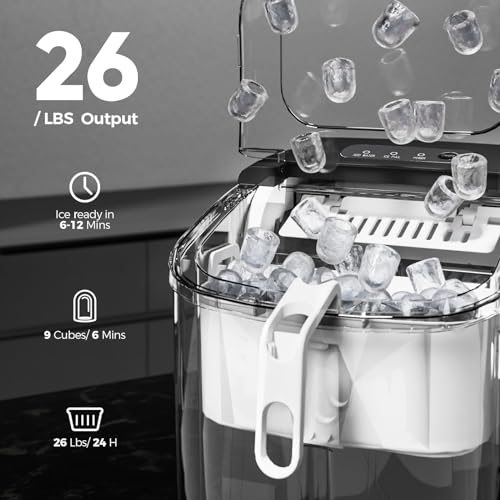 Portable Ice Maker Machine with Handle, 26lbs/24Hrs, 6Mins/9 Ice Cubes, Self-Cleaning with Basket/Scoop, Countertop Ice Makers for Home/Kitchen/Office(Green)