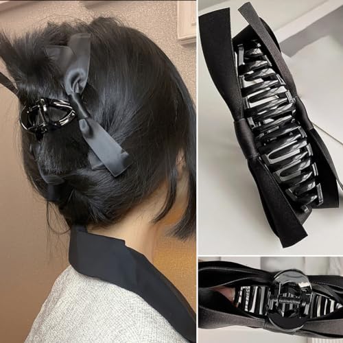 Satin Bow Claw Clip for Women Girls, Bow-knot Hair Claw Clip Stylish Strong Hold Hair Claw Barrette for Thick Thin Hair Casual Formal Wear (Black)