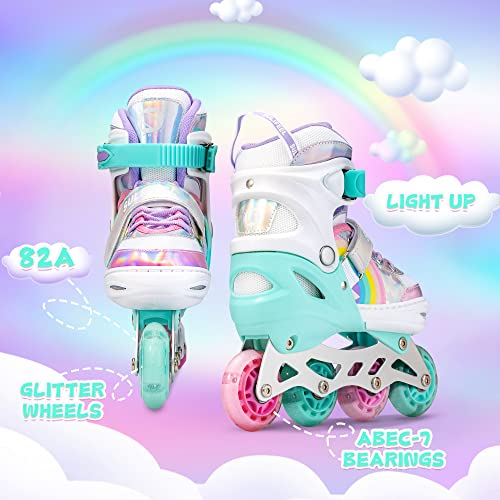 SULIFEEL Rainbow Unicorn Inline Skates for Girls Boys 4 Size Adjustable Light up Wheels Skates for Kids Beginner