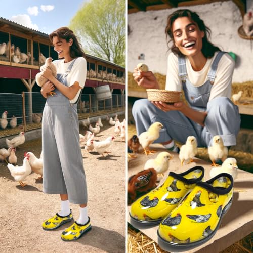 Kprm Flat Garden Shoes for Women Waterproof Slip-On Womens Rubber Rain Shoes Gardening Clogs with Comfort Insole (Chickens Yellow, 6)