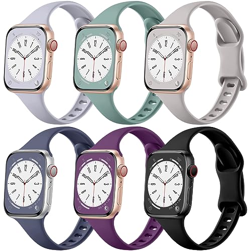 Lerobo 6 Pack Silicone Slim Bands Compatible for Apple Watch 38mm 40mm 41mm 44mm 42mm 45mm, Series 9, 8, 7, 6, 5, 4, 3, 2, 1