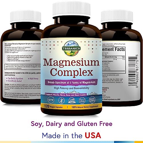 Terranics 5-in-1 Magnesium Complex Supplement 500mg - 5 Forms High Absorption Magnesium Glycinate Citrate Malate Aspartate Gluconate - Non-GMO 120 Vegan Magnesio Capsule for Sleep Muscle Heart Health