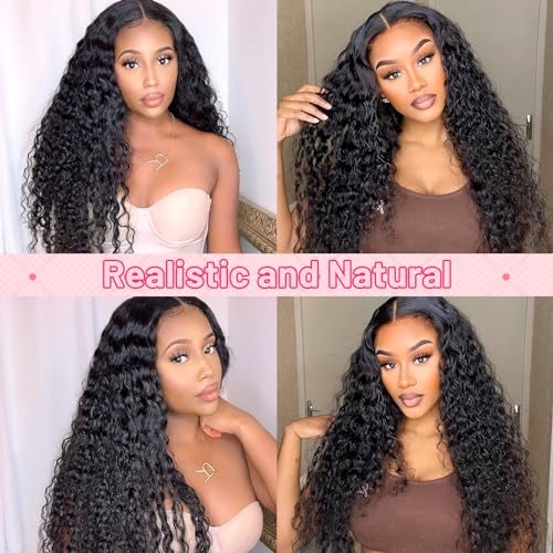 PIOPIC Lace Front Wigs Human Hair Water Wave Pre Plucked 13x6 Curly HD Transparent Lace Front Wigs with Baby Hair 200 Density Gluesless Human Hair Wigs for Women Natural Black Color 20 Inch