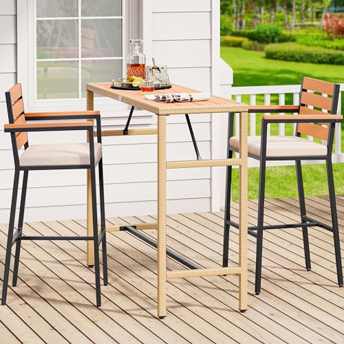 YITAHOME 3-Piece Outdoor Patio Bar Table Set, Outdoor Wicker Patio Bar Height Bistro Furniture Set w/Chairs and Plastic Wood Tabletop for Dining, Patios, Backyard, Gardens and Balcony, Light Brown