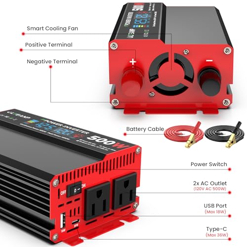 OLTEANP 500 Watt Power Inverter 12V DC to 110V/120V AC Inverter with LCD Screen Display, 2 AC Outlets, 36W Type-C Port, 5V/3A USB Port, Car Power Converter for Truck, Home, Vehicles, Laptop, Trip