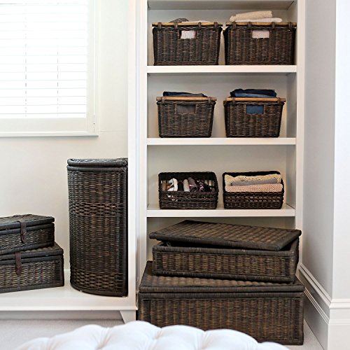 The Basket Lady Pole Handle Wicker Storage Basket, Small, 14 in L x 10 in W x 7.5 in H, Antique Walnut Brown