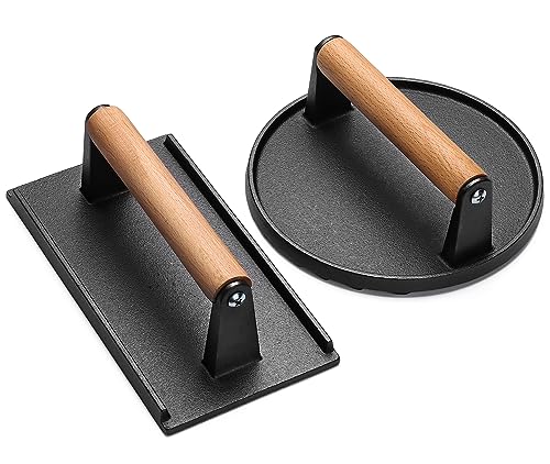 EWFEN Burger Press, 8.2"X4.3" Rectangle Heavy-Duty Cast Iron Smash Bacon Press Meat Steak with Wood Handle for Griddle, Sandwich, Nonstick Pan