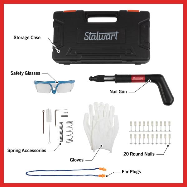 Mini Nail Gun - Manual Nail Wall Fastening Tool Kit with 20 Nails and Safety Glasses - Tool for Brick, Concrete, Aluminum Alloy, and Wood by Stalwart